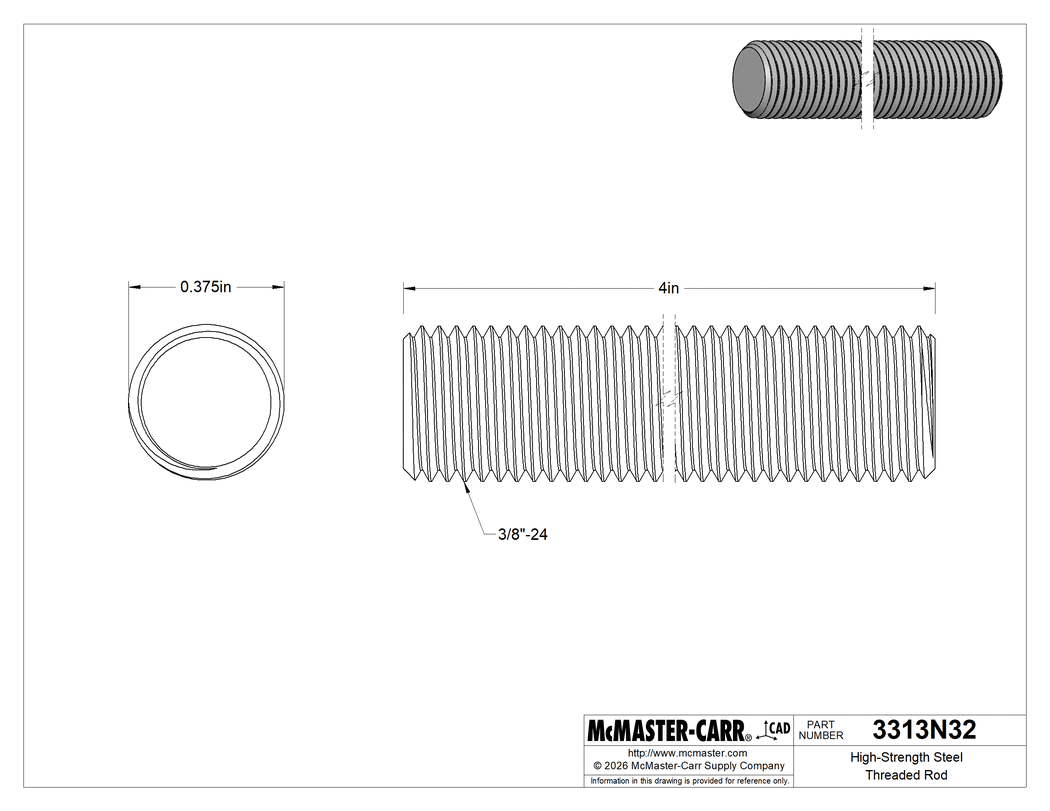Technical Drawing of High-Strength Steel Threaded Rod, Zinc Yellow-Chromate Plated, 3/8"-24 Thread Size, 4" Long.